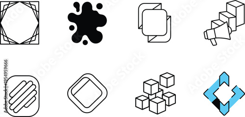 Abstract geometric icons set featuring linear frames organic ink blot 3D cubes megaphone and corporate branding symbols isolated on white background.
