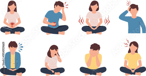 People Experiencing Stomach Pain and Headache Symptoms Cartoon Illustration Set Showing Men and Women with Abdominal Cramps Stress and Health Problems