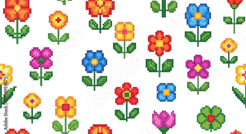 A vibrant repeating pattern of pixelated flowers in various colors creates a cheerful digital floral design silhouette high quality professional detailed