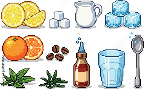 Pixel Art Icons of Refreshing Drinks Ingredients and Accessories