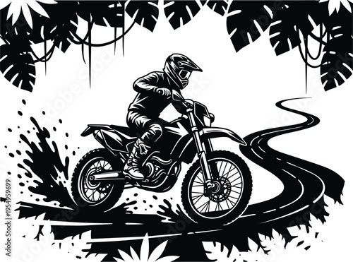 Action Motocross Rider Silhouette Speeding Through Tropical Jungle Trail With Mud Splatter Detail For Extreme Sports Dirt Bike Adventure Graphic Design.