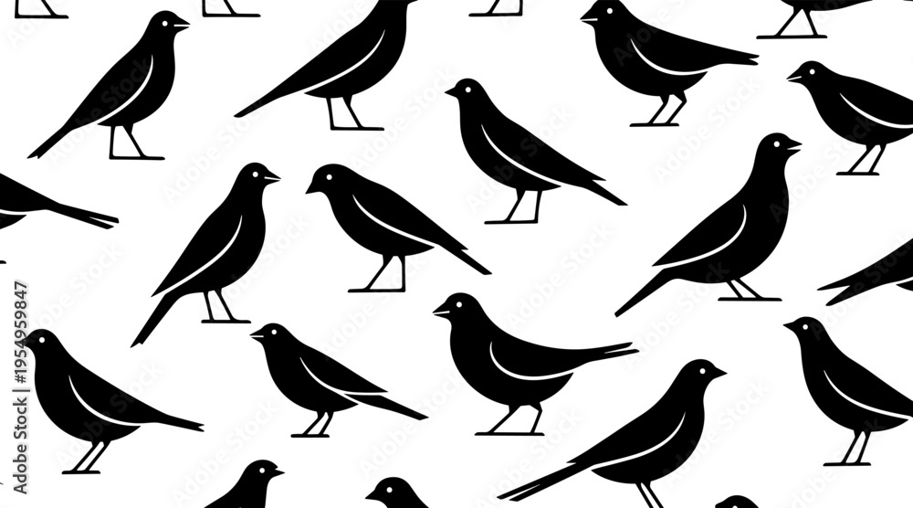 Fototapeta premium Black bird silhouettes perched and walking on white background, no seamless