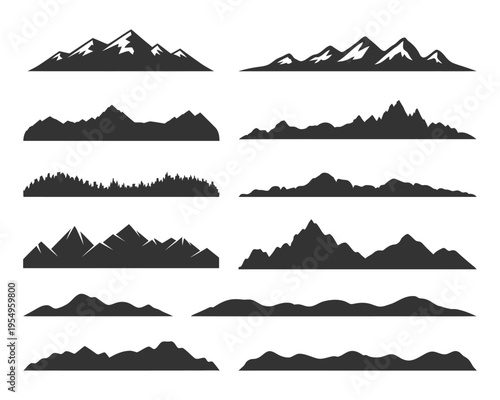 Mountain range silhouettes, outdoor adventure festival, hiking season graphic, national park day theme, travel poster elements, rustic landscape vector illustration