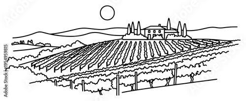 Scenic vineyard landscape with a farmhouse and rolling hills in line art style