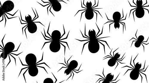 Spider silhouettes scattered crawling on white seamless pattern, no seamless