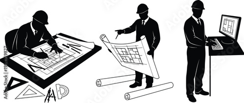 Architect and Engineer Silhouette Set Working on Blueprints Drafting Construction Plans and Using CAD Software for Building Design Vector Illustration