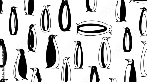Penguins standing and swimming on white seamless background, no seamless