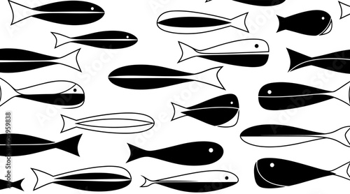 School of stylized fish swimming across white background, no seamless