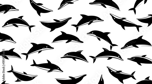 Dolphins swimming in repeated pattern on white background, no seamless