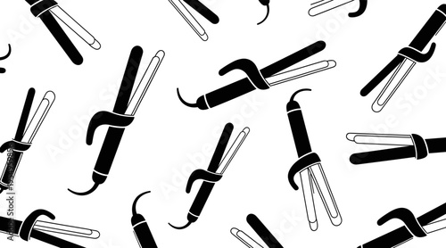 Hair curler and iron icons scattered on white seamless pattern, no seamless