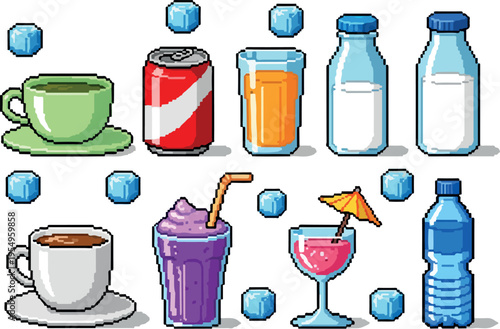 A collection of refreshing beverages and drinks in pixel art style, including coffee, soda, juice, milk, smoothie, cocktail, and water