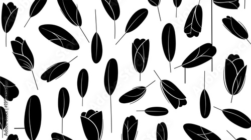 Scattered tulip petals and leaves in repeating monochrome pattern, no seamless