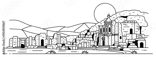 Detailed line art of ancient ruins and rock-cut architecture in a desert landscape
