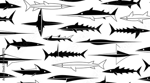 Assorted fish silhouettes swimming in horizontal pattern on white, no seamless