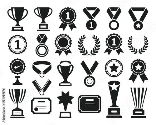 Sports prize collection, trophy cups and medals, achievement ribbons, championship icons, competition award design, vector clipart