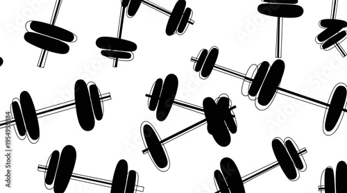 Dumbbells scattered in repeating pattern on white background, no seamless