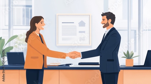 A vivid illustration of a business handshake in an office provides a positive backdrop for articles on partnership, successful negotiations or career progression.