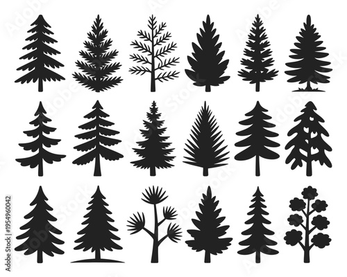 Evergreen trees collection, camping adventure graphics, earth day and arbor day theme, conifer woodland icons, vector silhouettes, outdoor design