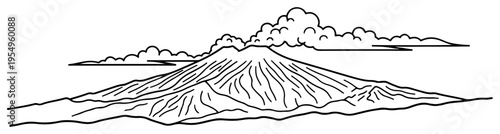 Detailed line art drawing of a high mountain peak with clouds in a minimalist style