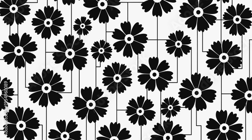 Stylized daisy flowers connected by stems on white background, no seamless