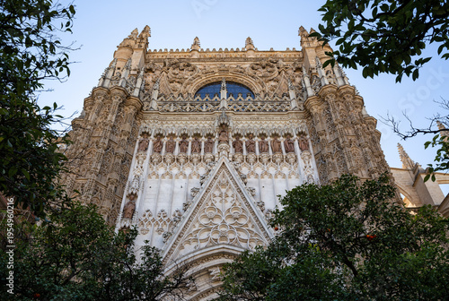 Fragment of the architecture of the Seville Cathedral of Saint Mary of the See (Catedral de Santa Maria de la Sede). The northern facade