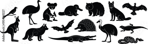 Australian Wildlife Silhouette Vector Set Featuring Kangaroo Koala Emu Platypus Wombat Dingo Crocodile And Iconic Outback Animals For Nature Graphic Design