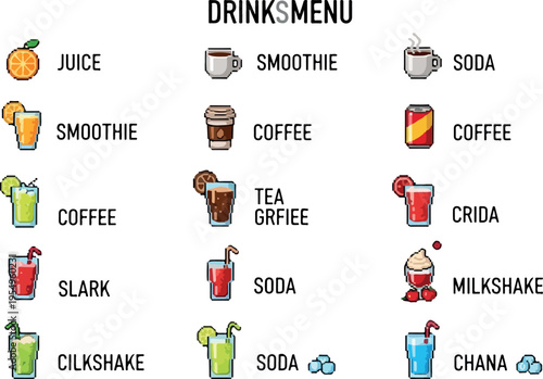 A vibrant collection of hand-drawn beverage icons and names, showcasing a variety of refreshing drinks