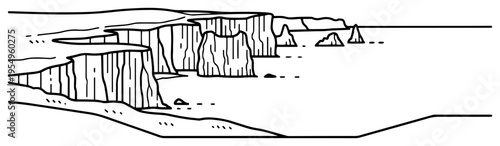 High coastal cliffs overlooking the ocean in a minimalist line art illustration
