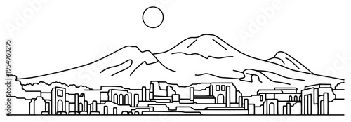 Minimalist line art illustration of ancient Roman ruins with a volcano in the background