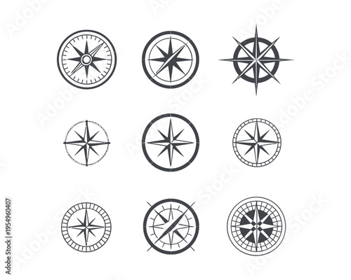 Round compass rose collection with detailed circles and star points, vintage navigation symbols for maps, travel guides, nautical education