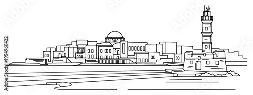 Historic Mediterranean coastal city with harbor and lighthouse in minimalist line art style
