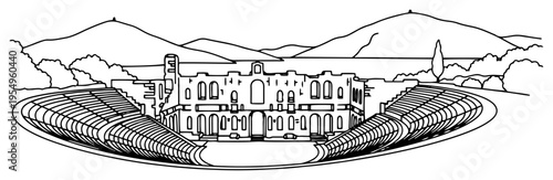Ancient Greek amphitheater ruins with stone seating in a mountain landscape line art