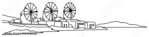 Traditional white windmills on a Greek island coast in minimalist line art illustration
