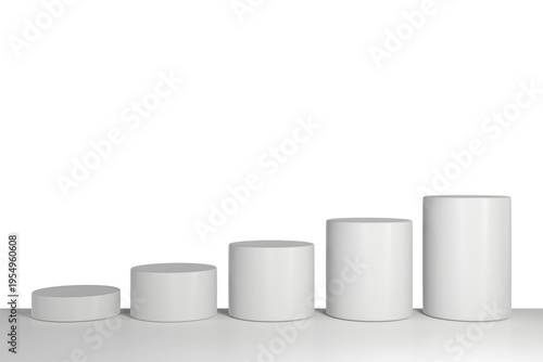 White cylindrical display podiums of varying heights on a plain background. 3d rendering