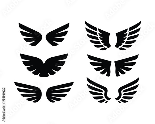 Black wing logo pack, bold feather shapes for esports team branding, aviation expo poster, remembrance session graphics, vector collection