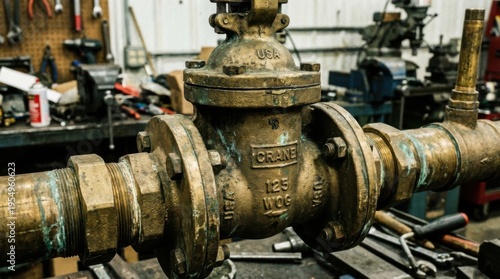 Old rusty industrial water valve and pipe system in factory