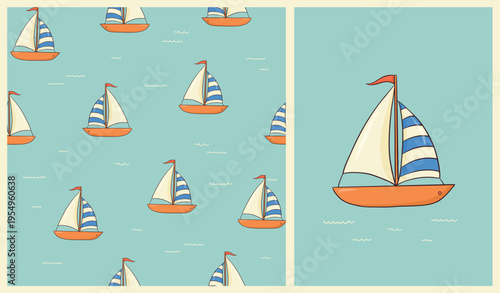 Sail boat doodles seamless pattern and isolated element for textile prints, wallpapers, cards, backgrounds, posters, banners, etc. EPS 10