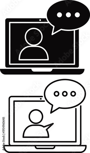 Two laptops with people icons and chat bubbles communicating