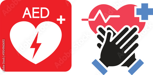 Emergency defibrillator sign, CPRAED symbol, clean flat vector style