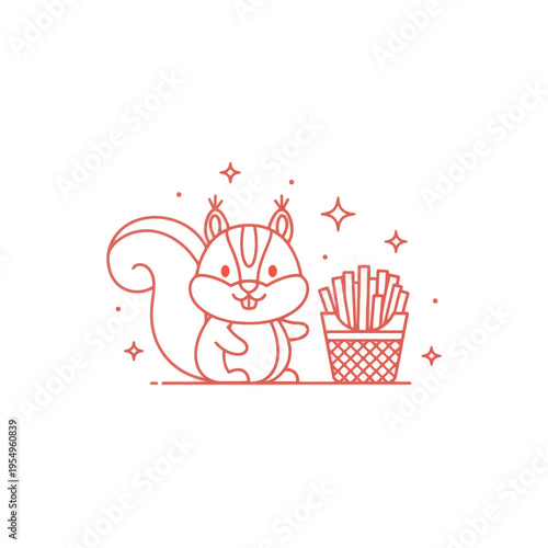 Cute squirrel with french fries, minimalist line art, fun food illustration