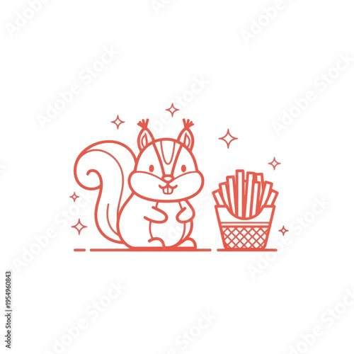 Cute cartoon squirrel with french fries, playful illustration, white background