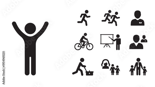 Vector graphic illustration of various human icons in different actions and poses
