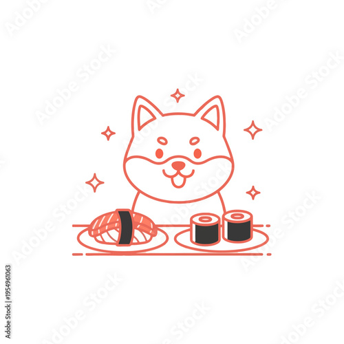 Cute Shiba Inu dog enjoying sushi and maki rolls, line art illustration