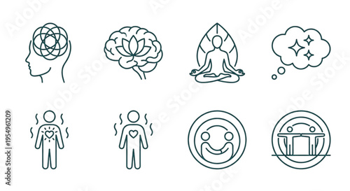 Mindfulness, Mental Wellness, and Emotional Intelligence Minimalist Icon Set.