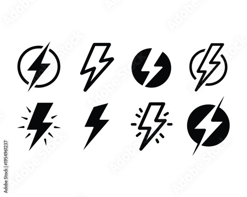 Thunderbolt symbol set with circles, tech conference branding elements, innovation hackathon poster, fast charging session graphics, startup pitch event vector