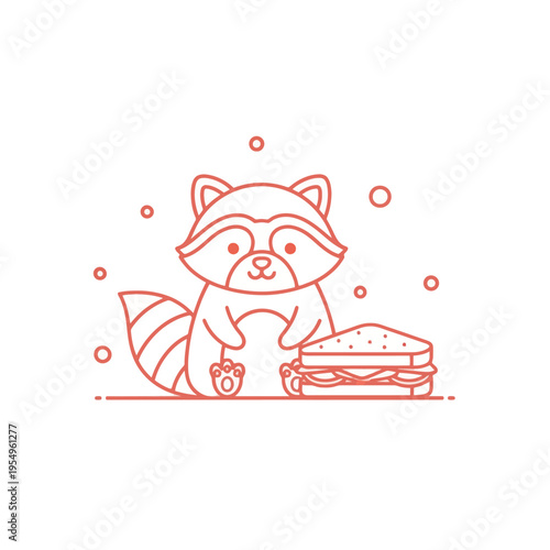 Cuadro en lienzo Cute Raccoon with Sandwich - Line Art Illustration