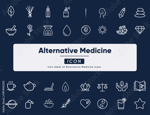 Alternative Medicine Line Icon Set: Holistic Therapy, Herbal Remedy, Acupuncture, and Wellness Treatment Symbols