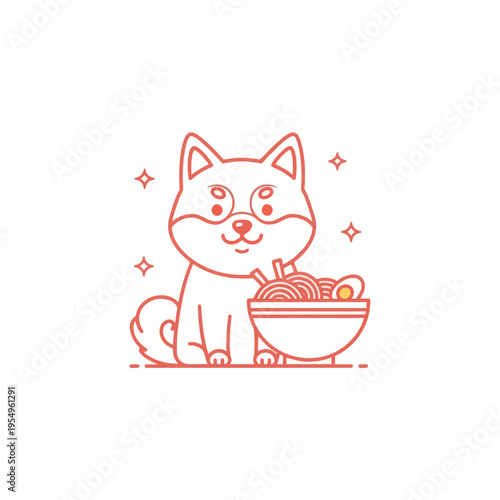 Cute Shiba Inu Dog Enjoying a Bowl of Ramen Noodles