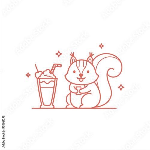 Cute cartoon squirrel holding a coffee cup next to a milkshake with straw