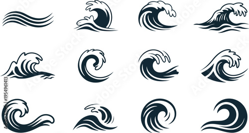 A collection of stylized black ocean waves and water splashes against a pristine white background